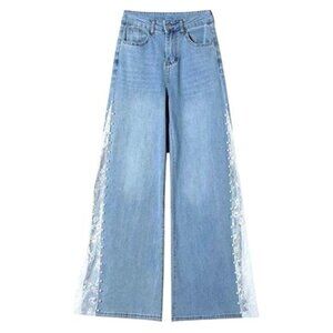 Women's Embroidered High Waist Wide Leg Jeans with Lace Beaded Trim